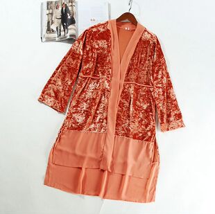 休闲外贸欧美风贵气中长款宽松拼接丝绒家居服睡衣浴袍披衫~A3632