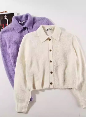 晓 外贸女J003毛绒温馨 多色衬衫式开扣 小众短款针织毛衣A2865