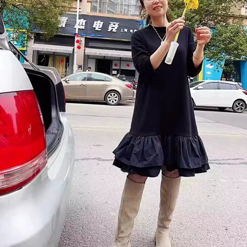 晓 外贸女J003 俏皮活力 实穿美貌的 拼色花边 针织连衣裙~A2996