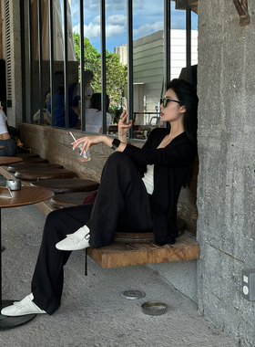 Oops LuLu 黑色亚麻裤子女2025早秋新款宽松薄垂坠感阔腿裤休闲裤