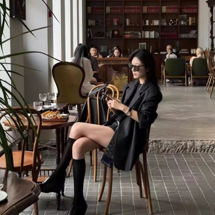 OopsLuLu自带光泽高级感黑色西装 休闲外套女士西服 女2025秋季 新款