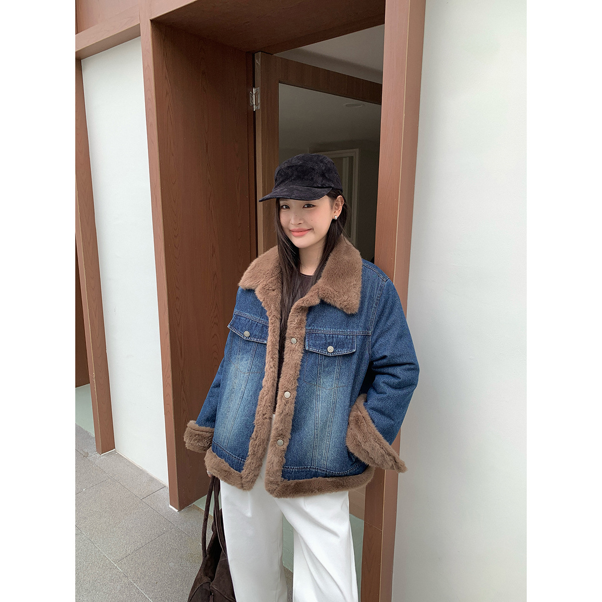 趋梦DT ETOLIE复古感毛毛外套女加绒加厚宽松牛仔夹克外套女冬季