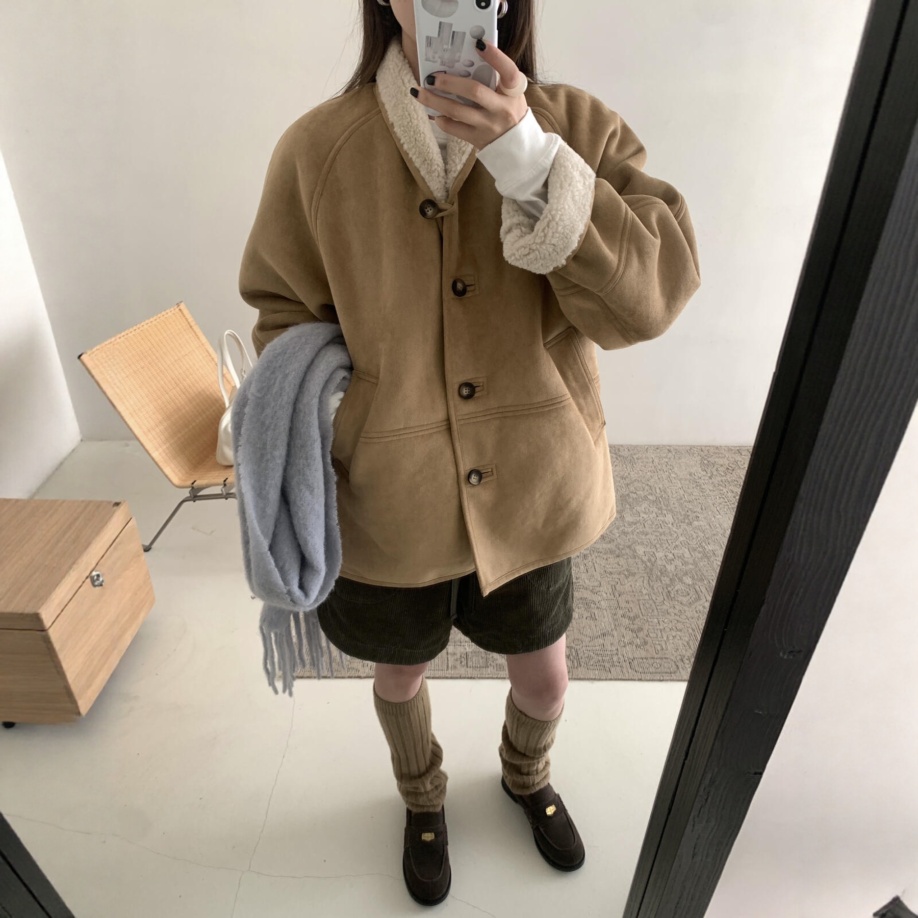 XIZISTUDIO复古翻领麂皮羊羔毛短外套女皮毛一体驼色宽松保暖夹克