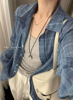 韩系休闲风格子衬衫女长袖宽松防晒衫蓝色松弛感上衣