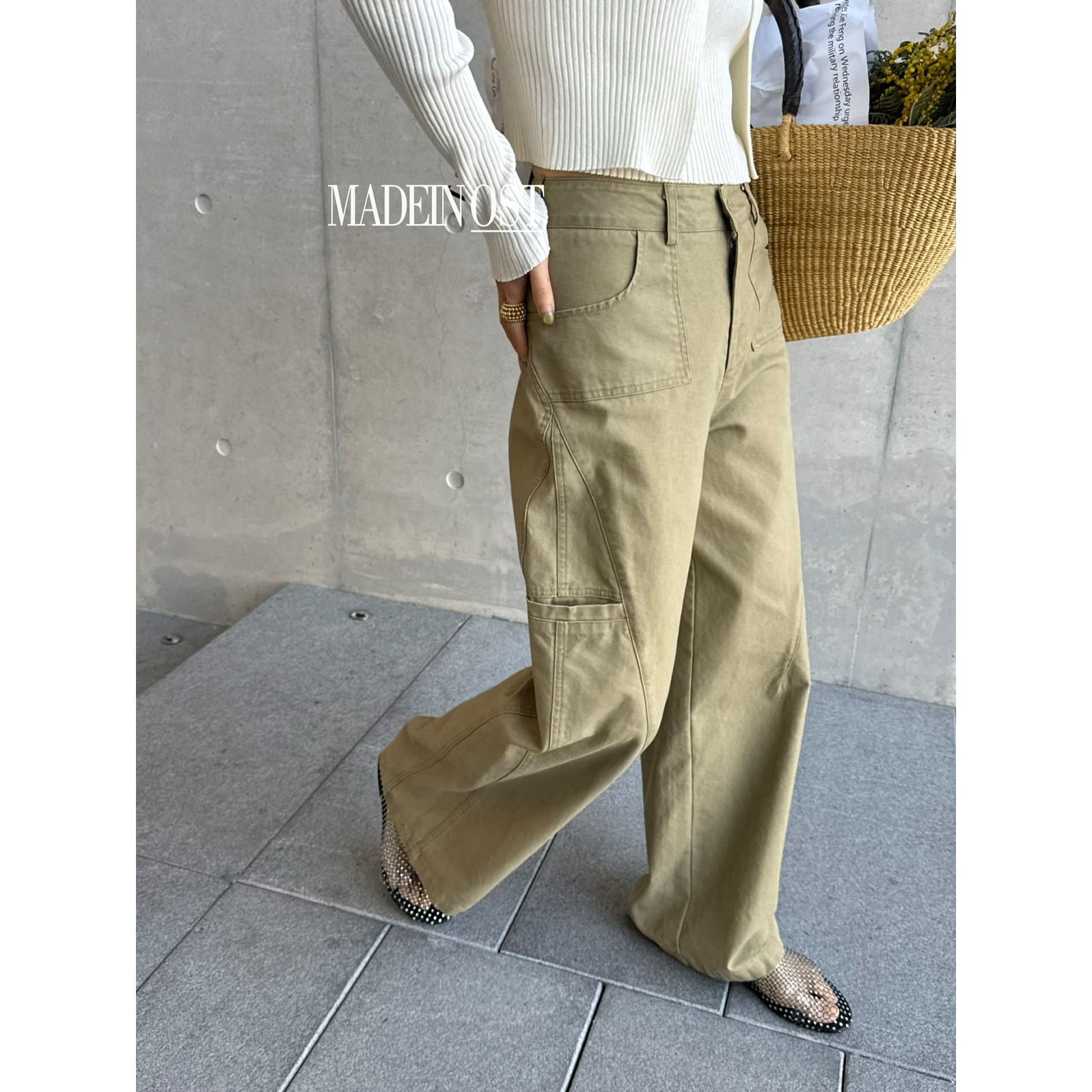 韩版高腰工装裤女复古直筒阔腿多口袋卡其色显瘦休闲裤,女装/女士精品,休闲裤,淘宝优惠券,粉丝福利购,淘宝优惠卷