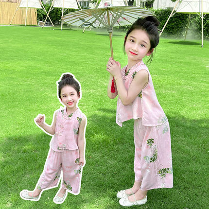 汉服女童棉绸套装春季2026新款洋气时髦儿童新中式夏装女宝两件套