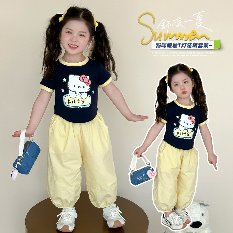 女童2026新款夏装Kitty猫咪短袖T恤格子灯笼裤两件套装女宝春夏季