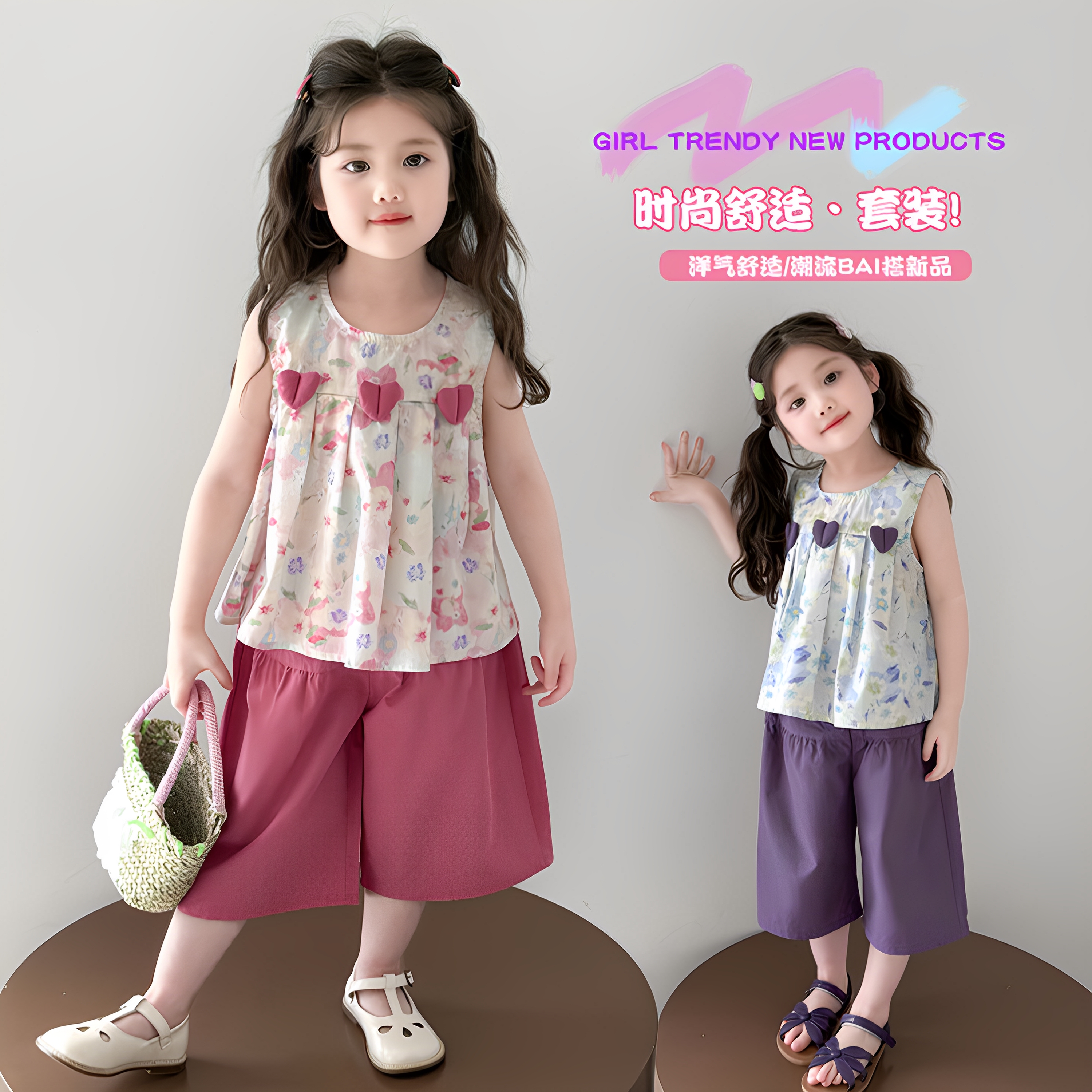 女童套装2025新款夏装碎花无袖背心洋气儿童阔腿裤两件套女宝衣服