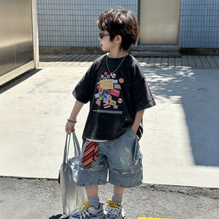 美式涂鸦风男童短袖T恤夏季全棉薄款黑色宽松痞帅洋气上衣