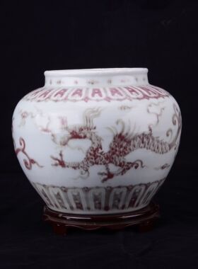 大明永乐年制纯松柴烧制釉里红翼龙飞龙在天纹大罐