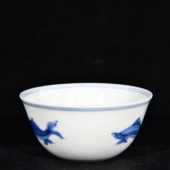 大明成化年制松柴烧青花三鱼波斯文阿拉伯文古兰酒杯茶杯