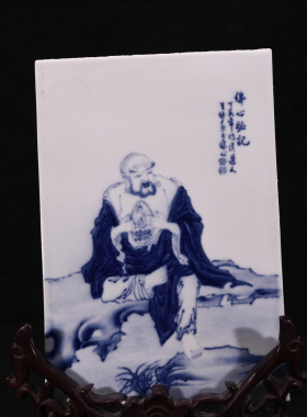民国竹溪道人王步绘青花佛心铭记应真高僧罗汉纹瓷板画