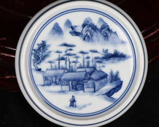 清康熙青花山水茅檐低小纹盖置镇纸