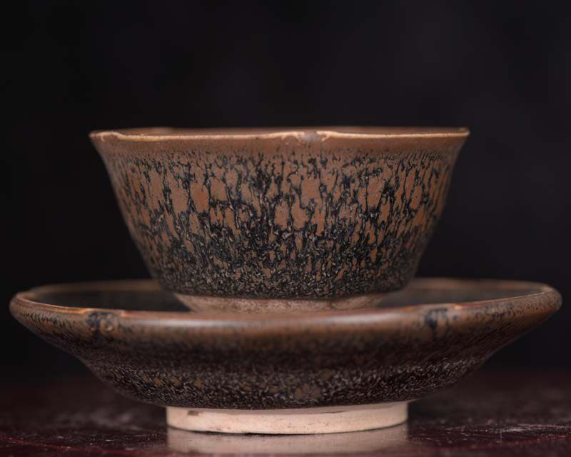 宋磁州窑乌金釉窑变梅花酒杯茶盏茶杯