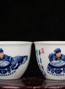 清康熙斗彩高士图毕卓书法衿溢柴窑珍藏款缸型酒杯茶杯