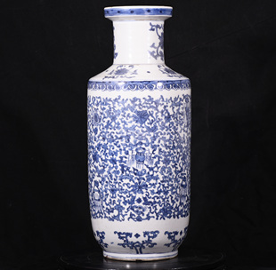 大清光绪年制青花缠枝西番莲前途光明图棒槌瓶