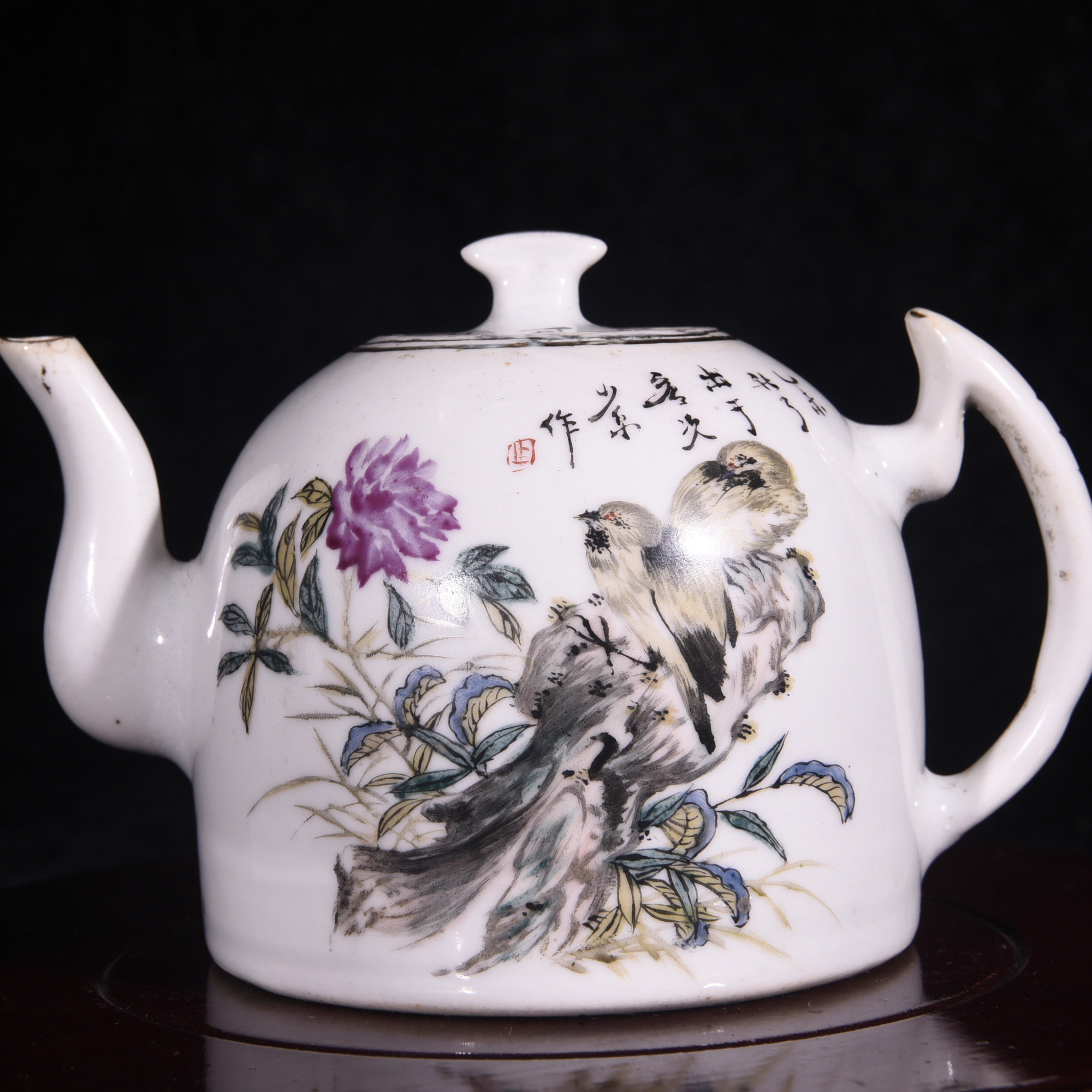 民国汪友棠绘浅绛彩粉彩花鸟山水纹酒壶茶壶