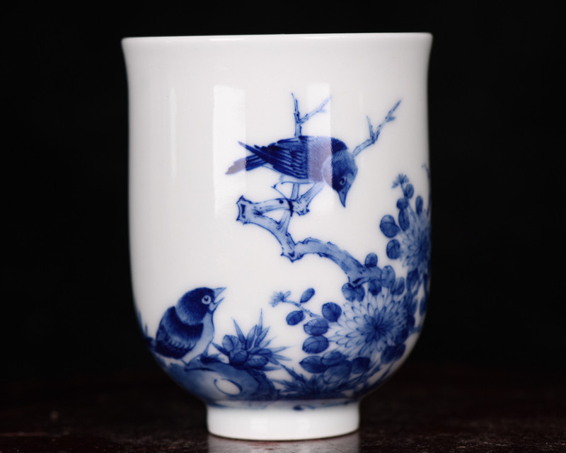 清雍正青花时鸣声上下花鸟纹酒杯茶杯