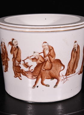 大清乾隆年制矾红描金群仙祝寿纹香炉笔筒