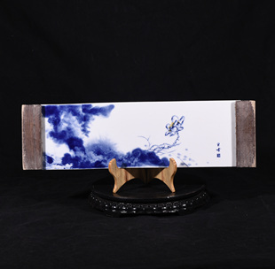 民国竹溪道人王步绘泼墨青花莲塘纹李白上阳台贴泡茶台