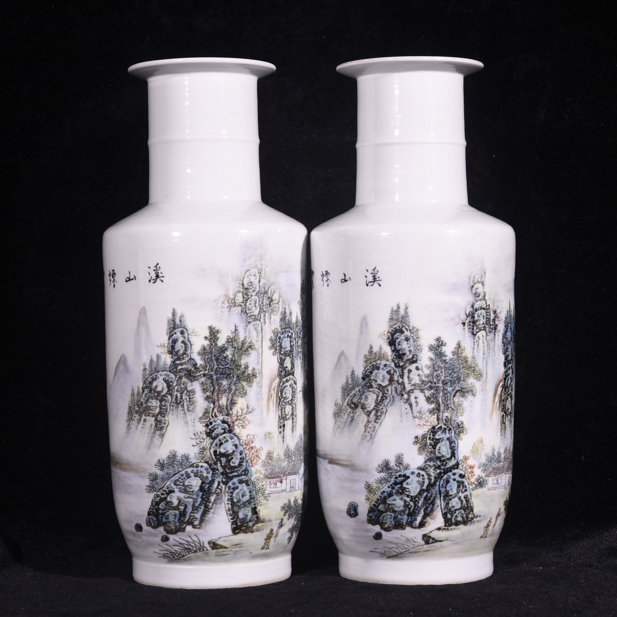 建国初期张志汤绘粉彩山水溪山烟云图棒槌瓶