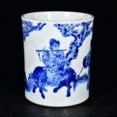 大清康熙年制松柴烧青花人物故事纹笔筒