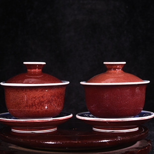 大明宣德年制宝烧宝石红釉青花芦塘鹭鸶图天地人三才盖碗茶杯