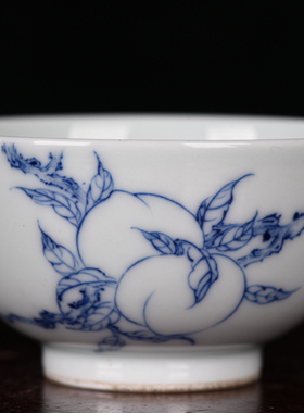 清雍正白描过枝青花折枝桃纹逸古堂柴清风臻品酒杯茶杯