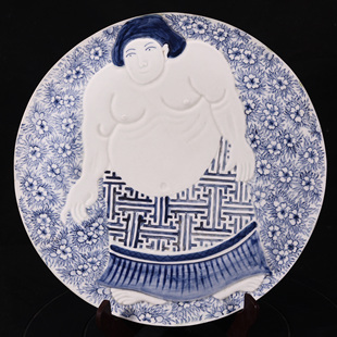 大清康熙年制青花相扑手茶盘