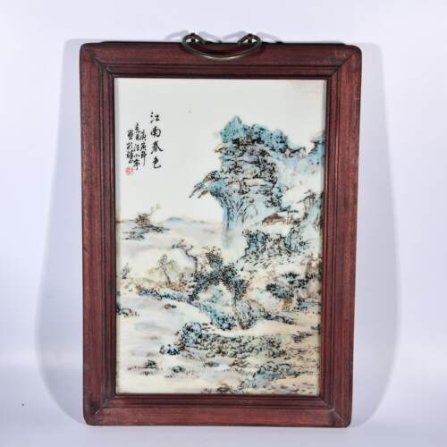 建国初期汪小亭绘粉彩江南春色山水纹瓷板画