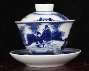 清康熙青花竹林七贤纹天地人三才三庐制款盖碗茶杯