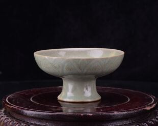 大宋清凉寺天青色玛瑙釉汝窑海水云龙纹高足莲花盘笔洗