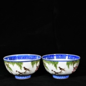 大清雍正年制青花一把莲珐琅彩柳林春燕纹碗