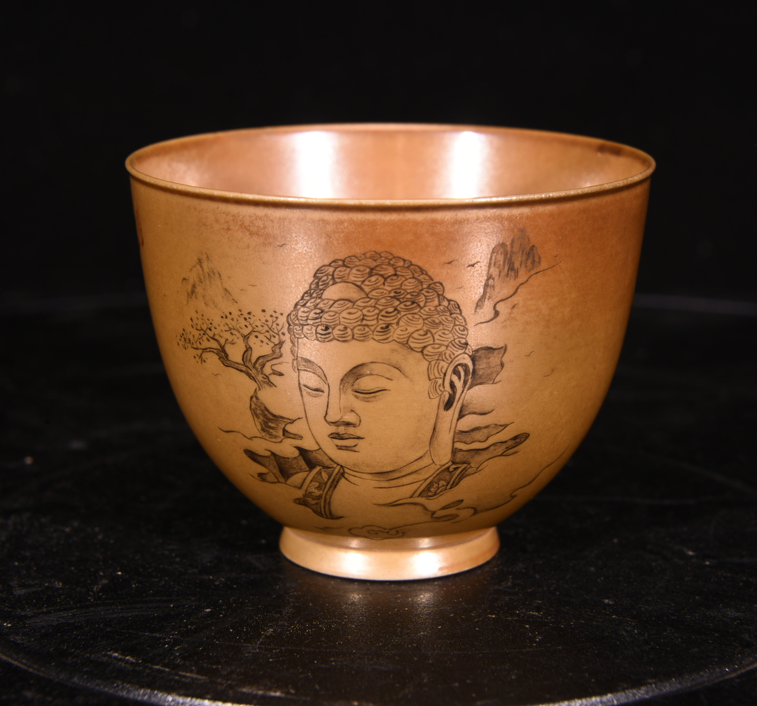 大唐天目山松柴烧制窑变蚯蚓走泥龟背纹墨彩佛法普照纹酒杯茶杯