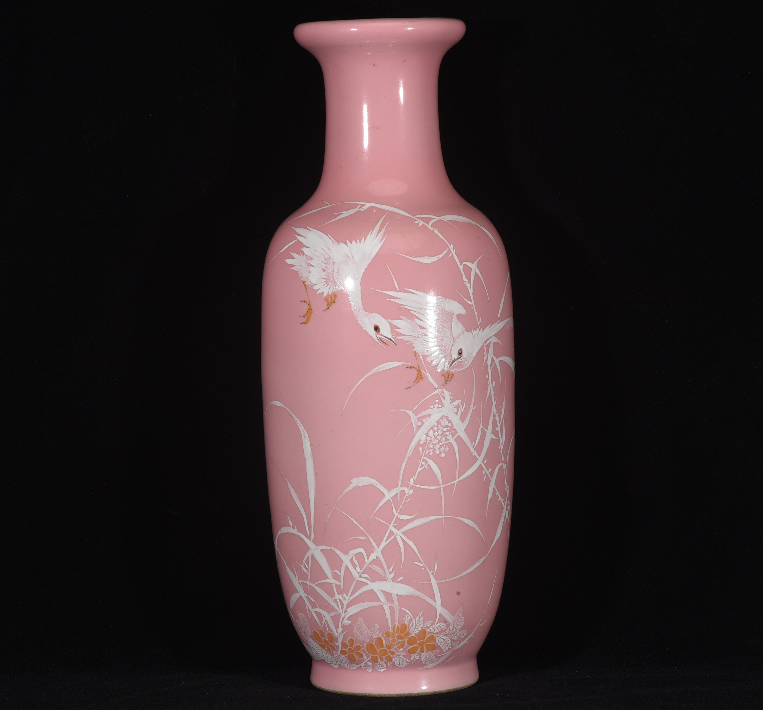 民国竹溪道人王步绘胭脂红釉堆雪工艺芦塘归雁图灯笼瓶