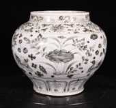 大元 国松柴烧制青花缠枝莲鸳鸯荷花莲塘纹罐