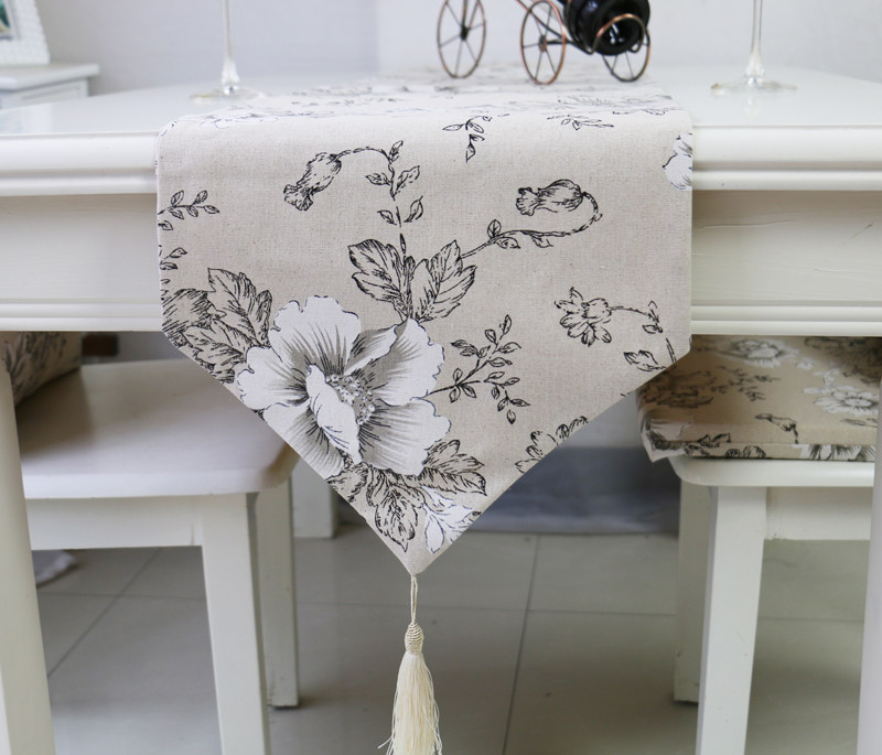 中国风白牡丹桌旗茶旗柜旗亚麻棉麻餐桌桌旗桌垫酒店客栈床旗定做