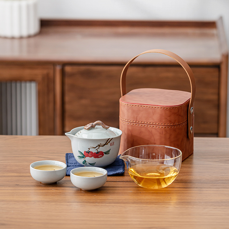 旅行茶具套装手绘釉下彩柿柿如意装便携式茶具快客杯一壶二杯定制