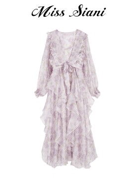 MISS SIANI 2023SS春夏紫色印花飘逸感长裙套装
