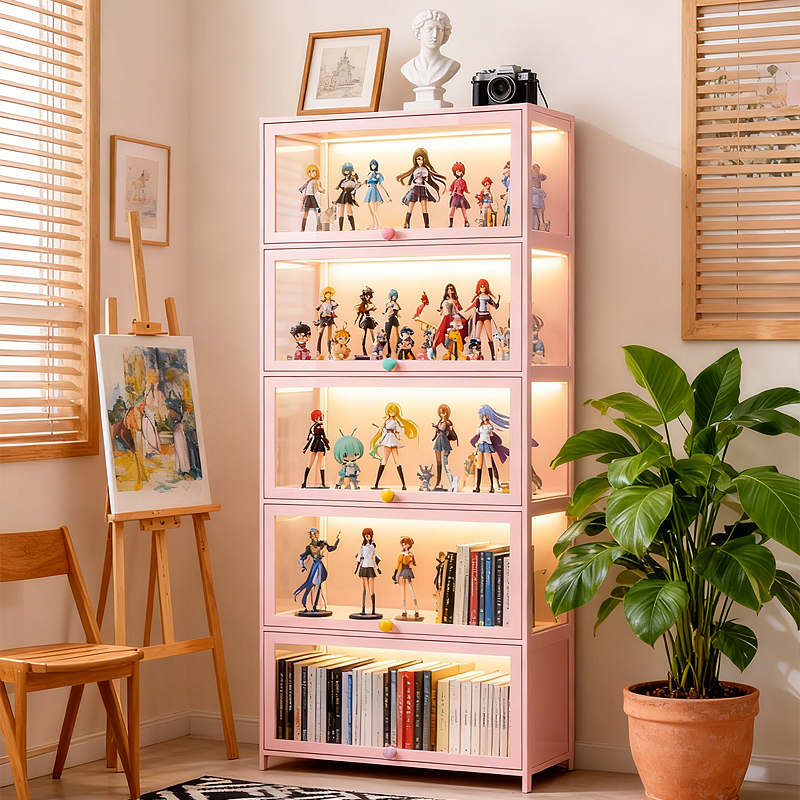 手办展示柜痛柜娃娃吧唧收纳柜展示柜非玻璃陈列柜浅粉色防尘柜子