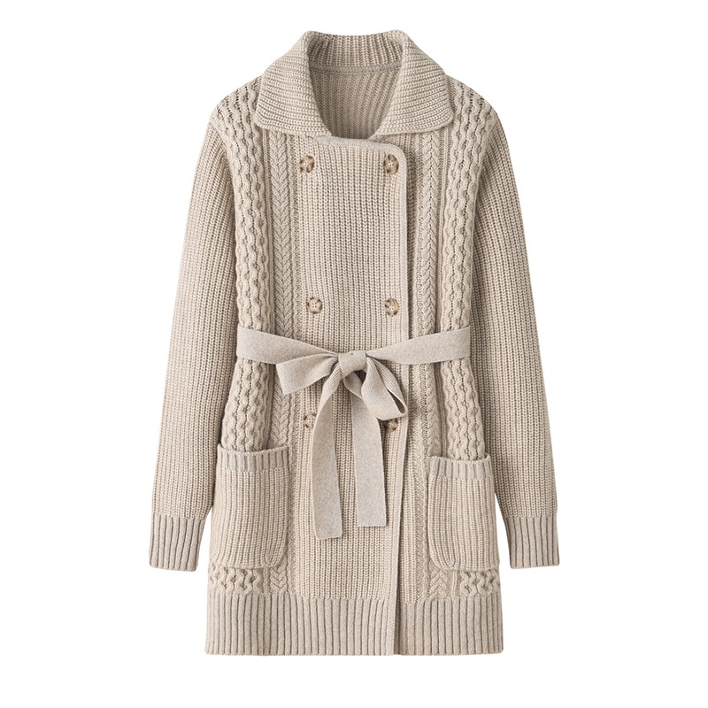 女士翻领纯羊绒衫加厚双排扣气质显瘦修身针织大衣时尚中长款毛衣