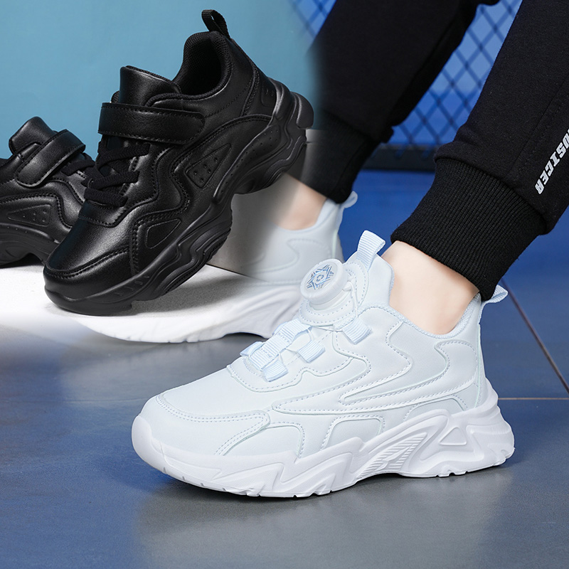 中大童皮面儿童白色运动球鞋男童鞋子女孩小学生网面跑步鞋全黑色