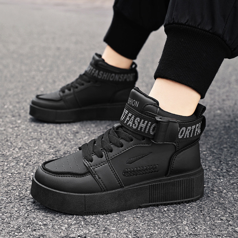 秋冬款皮面高帮运动小白鞋儿童板鞋男童鞋子全黑色中大童单鞋40码