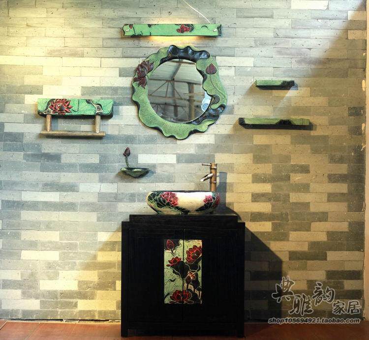 古典家具新中式仿古实木浴室柜组合 落地式展柜一体洗手盆台上盆