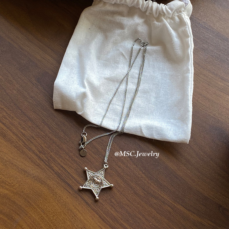 法式复古狼人杀星星项链女款小众设计长款银色项链毛衣链金属个性