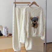 冬季 加绒加厚宽松长袖 保暖家居服 女冬季 严选卡通熊珊瑚绒睡衣套装