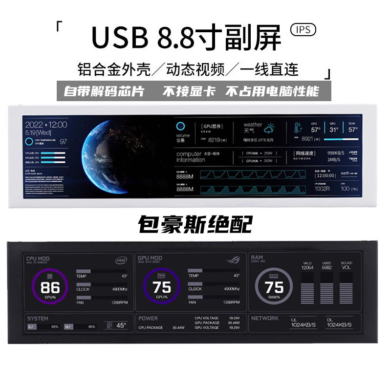 图灵智显8.8寸IPS TYPEC副屏机箱 机箱副屏电脑监控usb副屏免AIDA