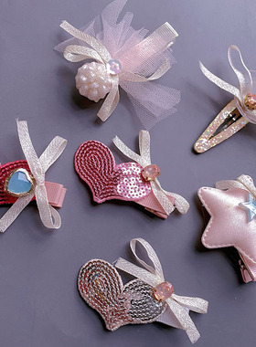 韩国原装进口女童百搭爱心亮片发卡 可爱蝴蝶结网纱边夹鸭嘴BB夹