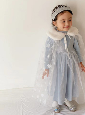 韩国原装进口秋冬女童超美超仙蓝色elsa艾莎公主纱裙带披风两件