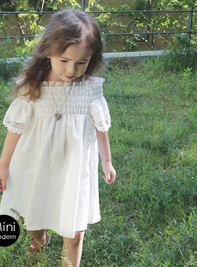 韩国原装进口夏薄款PUELL女童纯棉蕾丝露肩吊带一字领短袖连衣裙